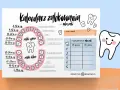 Uroczy kalendarz ząbkowania mleczaków z uśmiechniętymi ząbkami i tabelką do uzupełniania.