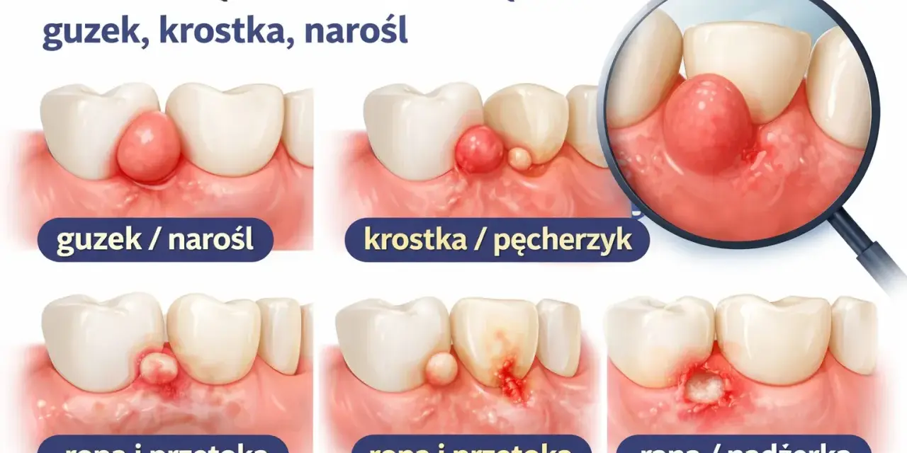 Ilustracje pokazują różne zmiany na dziąśle: guzek, krostkę, ropień i ranę. Zobacz, co może oznaczać dziura w dziąśle.