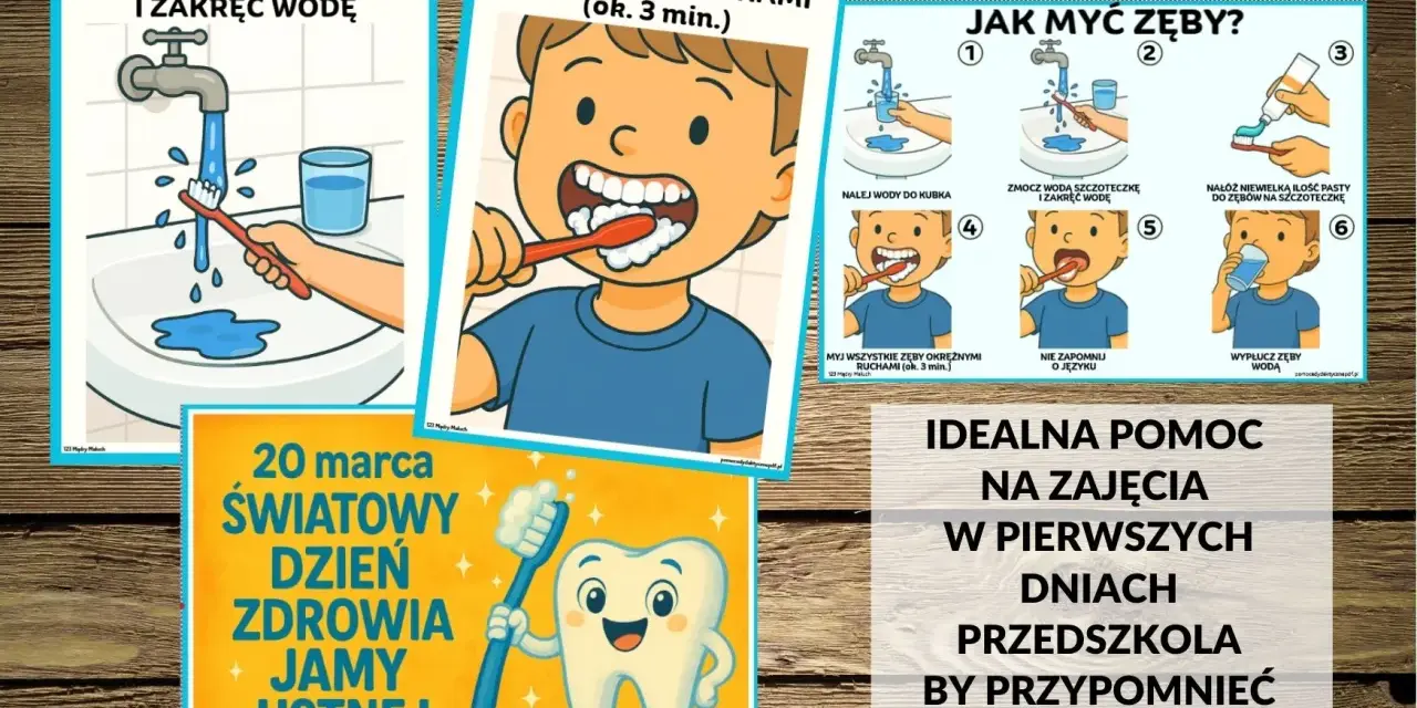 Instrukcja mycia zębów dla dzieci: zmocz szczoteczkę, nałóż pastę, myj okrężnymi ruchami, nie zapomnij o języku i wypłucz wodą.