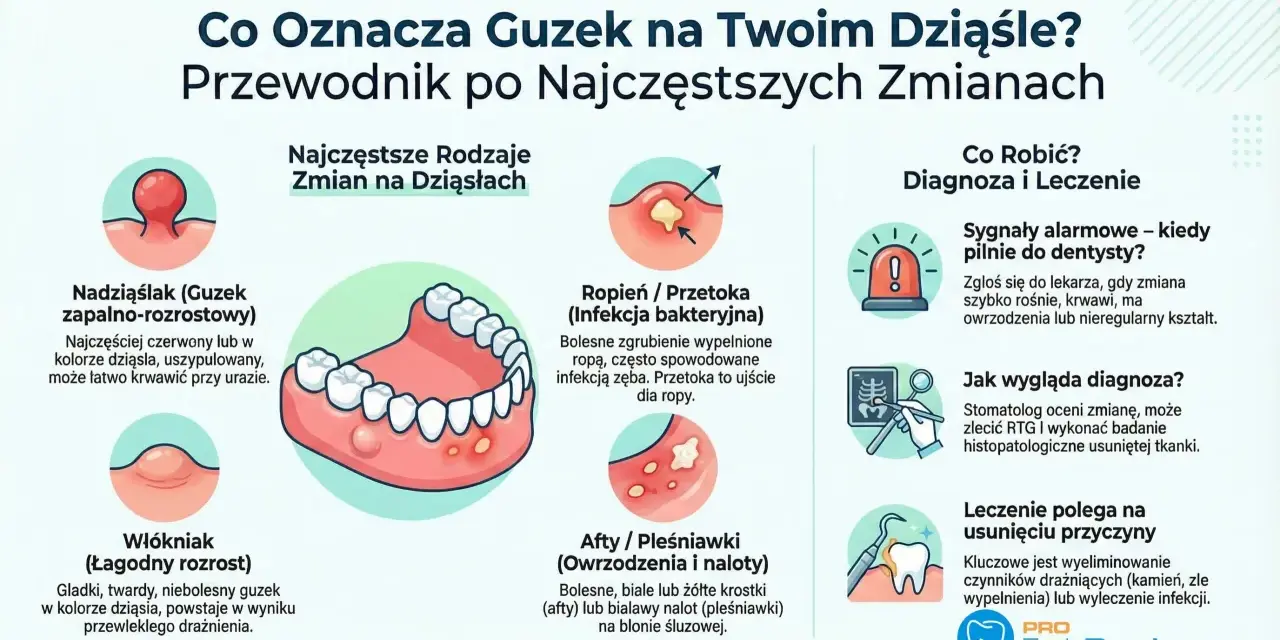 Ilustracja pokazuje różne zmiany na dziąśle, w tym nadziąślak (guzek zapalno-rozrostowy), ropień, włókniak i afty.