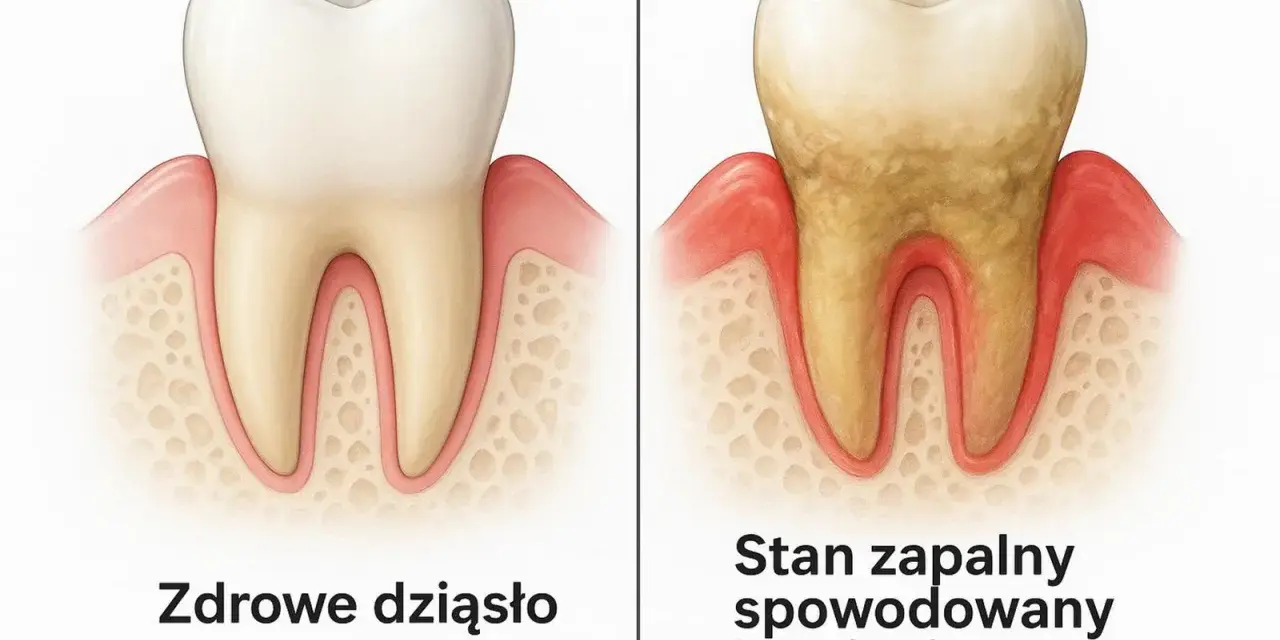 Porównanie zdrowego zęba i dziąsła z zębem objętym stanem zapalnym spowodowanym kamieniem. Dowiedz się, jak usunąć kamień nazębny.