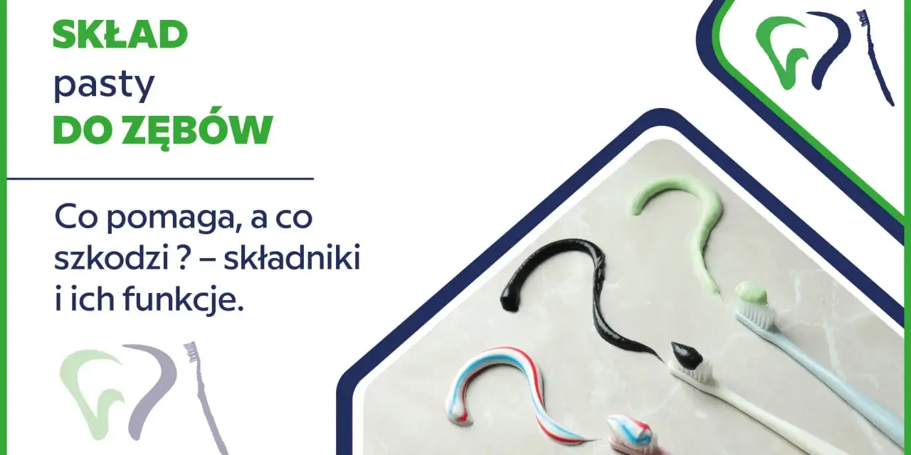 Pasty do zębów w różnych kolorach, w tym czarna i zielona, ułożone w kształt znaku zapytania. Czy to najgorsze pasty do zębów? Sprawdź składniki i ich funkcje.