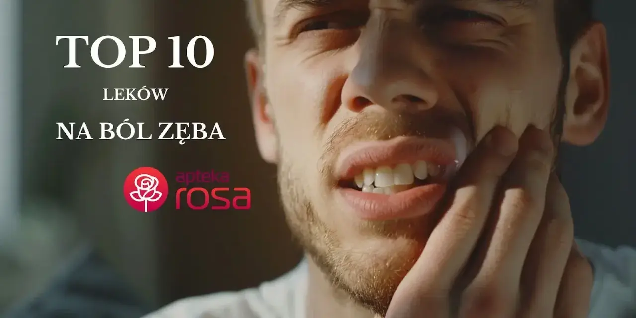 Mężczyzna cierpi na ból zęba, szukając ulgi w tabletkach. Na ekranie widnieje napis "TOP 10 leków na ból zęba" oraz logo apteki.
