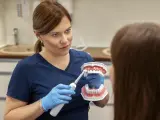 Dentystka pokazuje na modelu, dlaczego myjemy zęby, używając szczoteczki elektrycznej.
