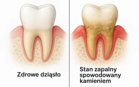 Porównanie zdrowego zęba i dziąsła z zębem objętym stanem zapalnym spowodowanym kamieniem. Dowiedz się, jak usunąć kamień nazębny.