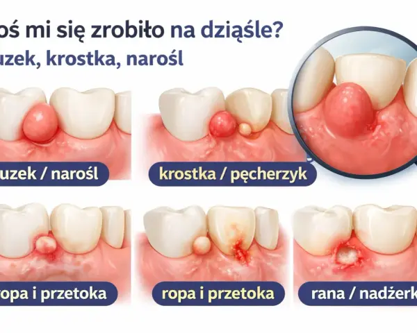 Ilustracje pokazują różne zmiany na dziąśle: guzek, krostkę, ropień i ranę. Zobacz, co może oznaczać dziura w dziąśle.
