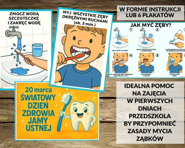 Instrukcja mycia zębów dla dzieci: zmocz szczoteczkę, nałóż pastę, myj okrężnymi ruchami, nie zapomnij o języku i wypłucz wodą.