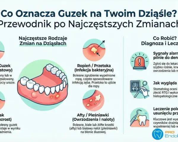 Ilustracja pokazuje różne zmiany na dziąśle, w tym nadziąślak (guzek zapalno-rozrostowy), ropień, włókniak i afty.