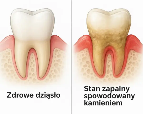 Porównanie zdrowego zęba i dziąsła z zębem objętym stanem zapalnym spowodowanym kamieniem. Dowiedz się, jak usunąć kamień nazębny.