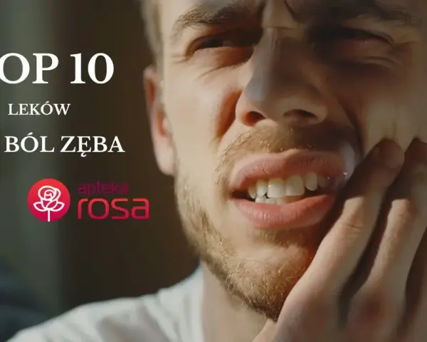 Mężczyzna cierpi na ból zęba, szukając ulgi w tabletkach. Na ekranie widnieje napis "TOP 10 leków na ból zęba" oraz logo apteki.