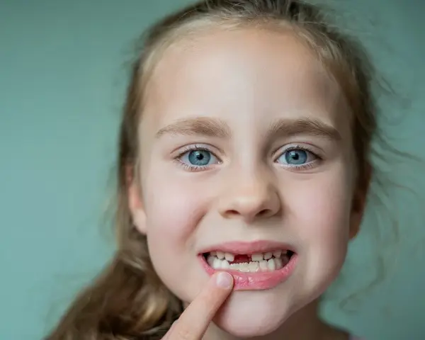 Uśmiechnięta dziewczynka z niebieskimi oczami pokazuje, kiedy wypadają jedynki górne.
