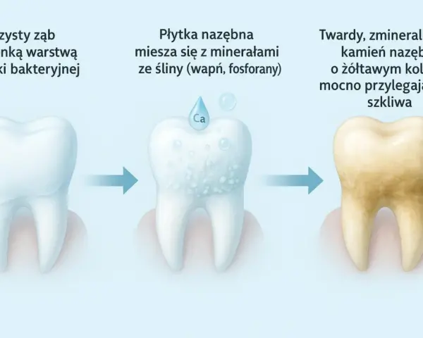 Proces powstawania kamienia nazębnego: od czystego zęba, przez mineralizację płytki, aż do żółtego, twardego kamienia. Kamień nazębny sam odpada? Nie, wymaga leczenia.