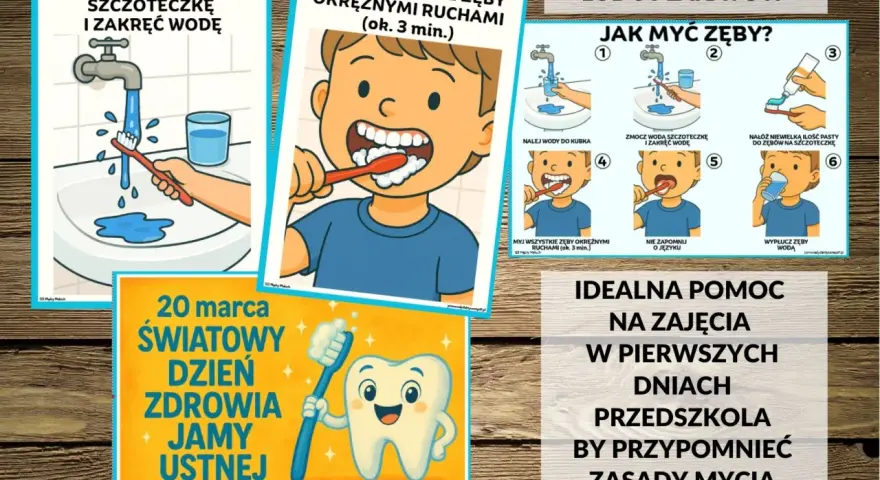 Instrukcja mycia zębów dla dzieci: zmocz szczoteczkę, nałóż pastę, myj okrężnymi ruchami, nie zapomnij o języku i wypłucz wodą.