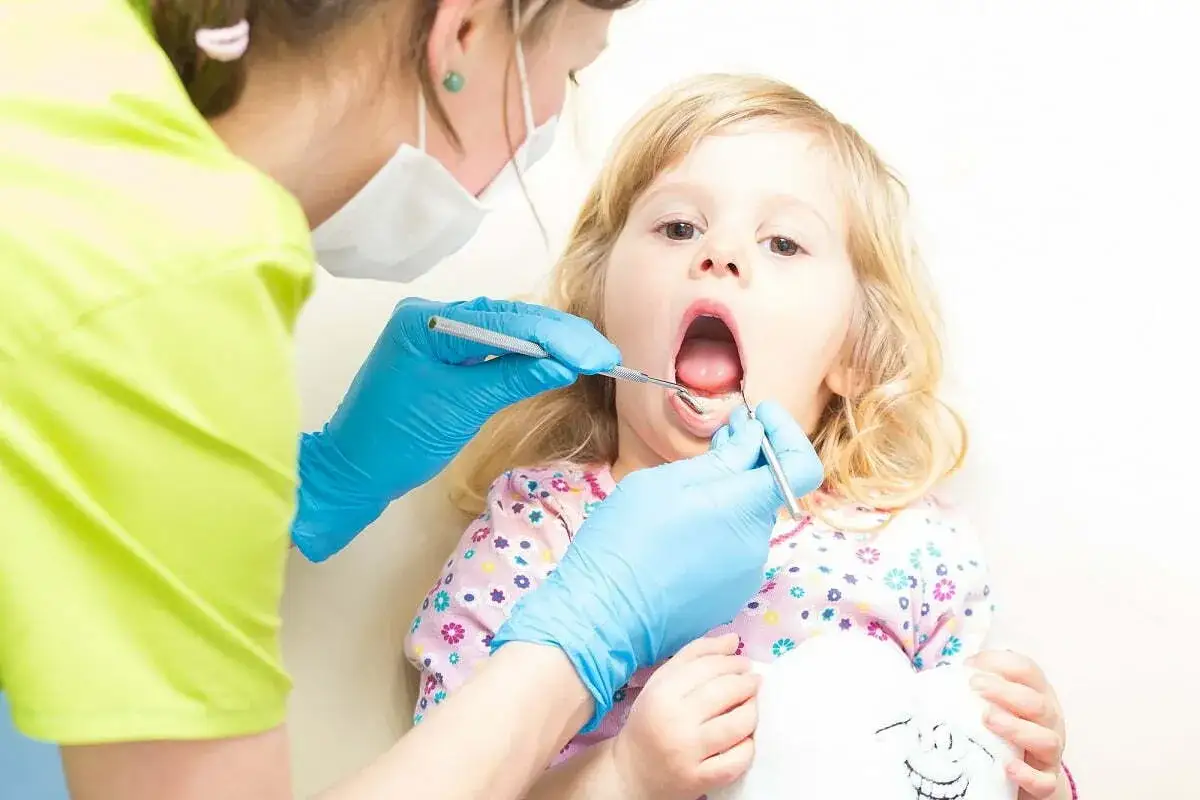 Mała dziewczynka z otwartymi ustami podczas badania stomatologicznego. Dentysta sprawdza jej siekacze u dziecka.